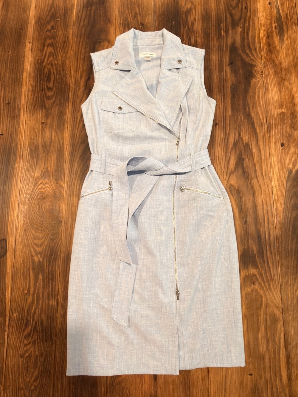Calvin Klein Light Blue Sleeveless Belted Shirt Dress